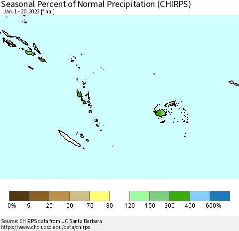 Fiji, Samoa, Solomon Isl. and Vanuatu Seasonal Percent of Normal Precipitation (CHIRPS) Thematic Map For 1/1/2023 - 1/20/2023