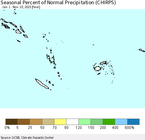 Fiji, Samoa, Solomon Isl. and Vanuatu Seasonal Percent of Normal Precipitation (CHIRPS) Thematic Map For 1/1/2023 - 11/10/2023