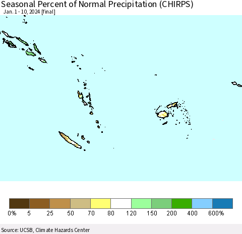 Fiji, Samoa, Solomon Isl. and Vanuatu Seasonal Percent of Normal Precipitation (CHIRPS) Thematic Map For 1/1/2024 - 1/10/2024