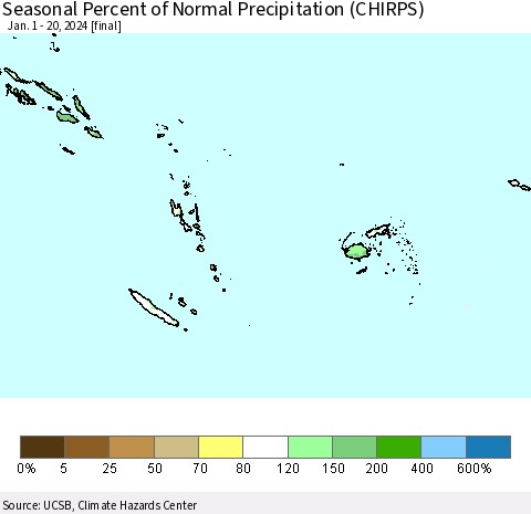 Fiji, Samoa, Solomon Isl. and Vanuatu Seasonal Percent of Normal Precipitation (CHIRPS) Thematic Map For 1/1/2024 - 1/20/2024