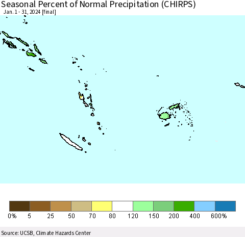 Fiji, Samoa, Solomon Isl. and Vanuatu Seasonal Percent of Normal Precipitation (CHIRPS) Thematic Map For 1/1/2024 - 1/31/2024