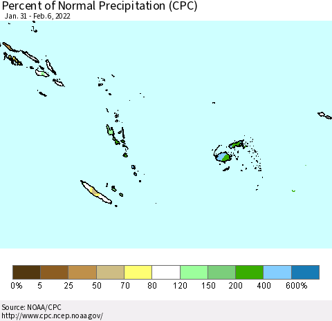 Fiji, Samoa, Solomon Isl. and Vanuatu Percent of Normal Precipitation (CPC) Thematic Map For 1/31/2022 - 2/6/2022