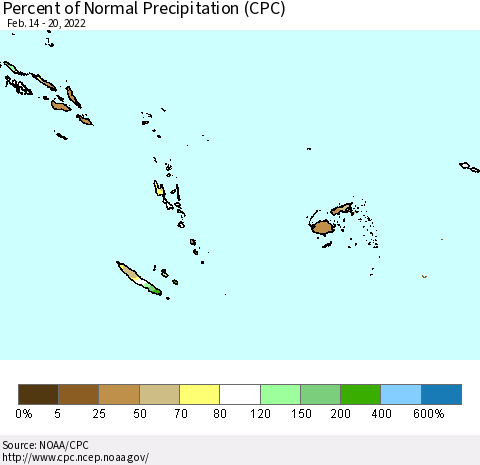 Fiji, Samoa, Solomon Isl. and Vanuatu Percent of Normal Precipitation (CPC) Thematic Map For 2/14/2022 - 2/20/2022