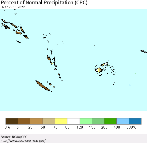 Fiji, Samoa, Solomon Isl. and Vanuatu Percent of Normal Precipitation (CPC) Thematic Map For 3/7/2022 - 3/13/2022
