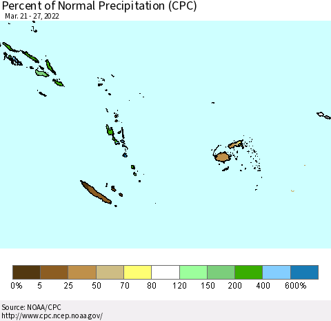 Fiji, Samoa, Solomon Isl. and Vanuatu Percent of Normal Precipitation (CPC) Thematic Map For 3/21/2022 - 3/27/2022