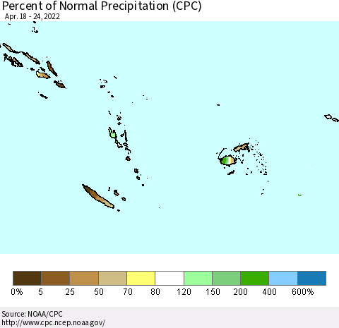 Fiji, Samoa, Solomon Isl. and Vanuatu Percent of Normal Precipitation (CPC) Thematic Map For 4/18/2022 - 4/24/2022