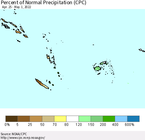 Fiji, Samoa, Solomon Isl. and Vanuatu Percent of Normal Precipitation (CPC) Thematic Map For 4/25/2022 - 5/1/2022