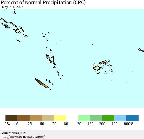 Fiji, Samoa, Solomon Isl. and Vanuatu Percent of Normal Precipitation (CPC) Thematic Map For 5/2/2022 - 5/8/2022