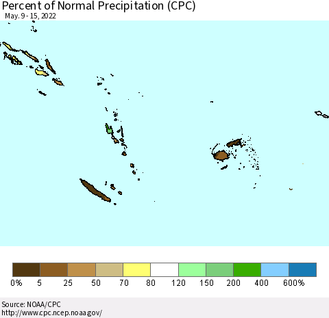 Fiji, Samoa, Solomon Isl. and Vanuatu Percent of Normal Precipitation (CPC) Thematic Map For 5/9/2022 - 5/15/2022