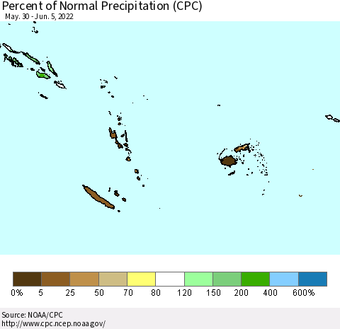 Fiji, Samoa, Solomon Isl. and Vanuatu Percent of Normal Precipitation (CPC) Thematic Map For 5/30/2022 - 6/5/2022