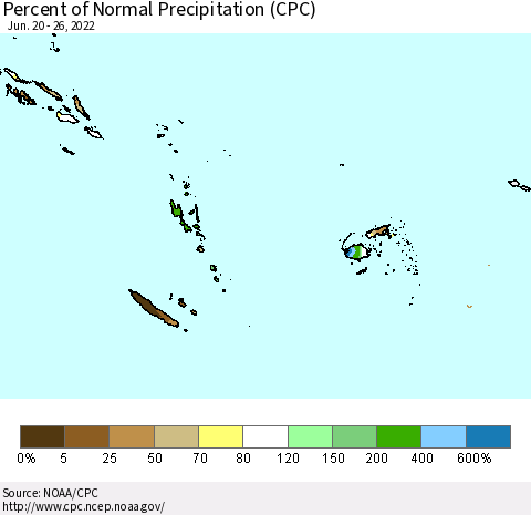 Fiji, Samoa, Solomon Isl. and Vanuatu Percent of Normal Precipitation (CPC) Thematic Map For 6/20/2022 - 6/26/2022