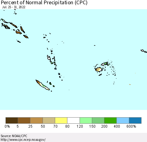 Fiji, Samoa, Solomon Isl. and Vanuatu Percent of Normal Precipitation (CPC) Thematic Map For 7/25/2022 - 7/31/2022