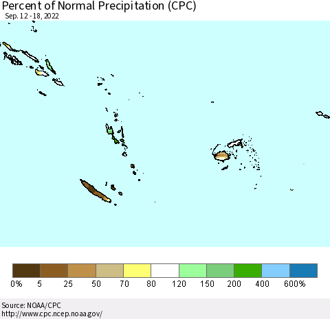 Fiji, Samoa, Solomon Isl. and Vanuatu Percent of Normal Precipitation (CPC) Thematic Map For 9/12/2022 - 9/18/2022
