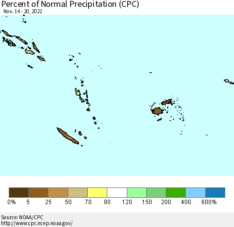 Fiji, Samoa, Solomon Isl. and Vanuatu Percent of Normal Precipitation (CPC) Thematic Map For 11/14/2022 - 11/20/2022