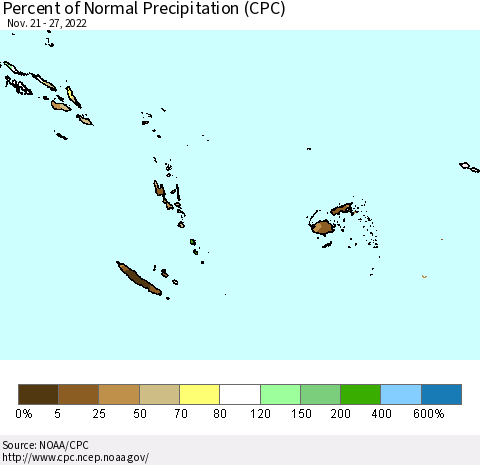 Fiji, Samoa, Solomon Isl. and Vanuatu Percent of Normal Precipitation (CPC) Thematic Map For 11/21/2022 - 11/27/2022