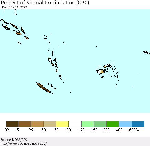 Fiji, Samoa, Solomon Isl. and Vanuatu Percent of Normal Precipitation (CPC) Thematic Map For 12/12/2022 - 12/18/2022