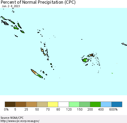 Fiji, Samoa, Solomon Isl. and Vanuatu Percent of Normal Precipitation (CPC) Thematic Map For 1/2/2023 - 1/8/2023