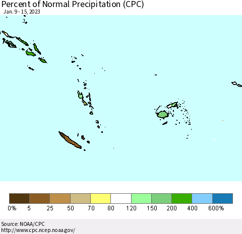 Fiji, Samoa, Solomon Isl. and Vanuatu Percent of Normal Precipitation (CPC) Thematic Map For 1/9/2023 - 1/15/2023