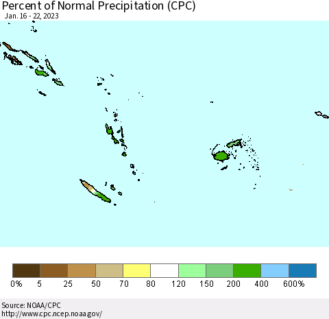 Fiji, Samoa, Solomon Isl. and Vanuatu Percent of Normal Precipitation (CPC) Thematic Map For 1/16/2023 - 1/22/2023