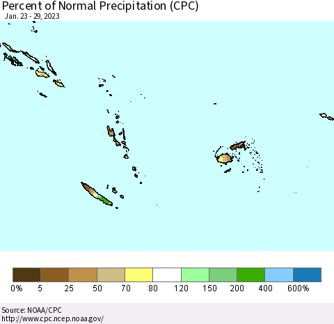 Fiji, Samoa, Solomon Isl. and Vanuatu Percent of Normal Precipitation (CPC) Thematic Map For 1/23/2023 - 1/29/2023