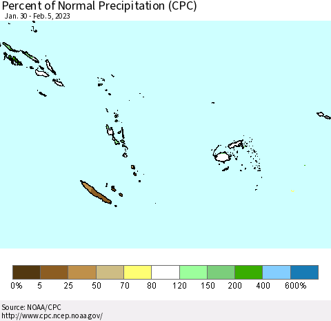 Fiji, Samoa, Solomon Isl. and Vanuatu Percent of Normal Precipitation (CPC) Thematic Map For 1/30/2023 - 2/5/2023