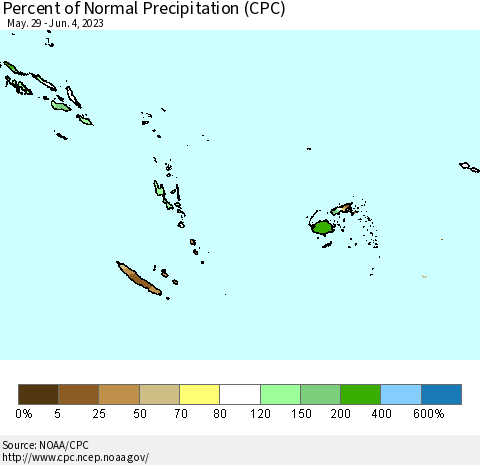 Fiji, Samoa, Solomon Isl. and Vanuatu Percent of Normal Precipitation (CPC) Thematic Map For 5/29/2023 - 6/4/2023