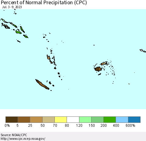Fiji, Samoa, Solomon Isl. and Vanuatu Percent of Normal Precipitation (CPC) Thematic Map For 7/3/2023 - 7/9/2023