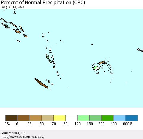 Fiji, Samoa, Solomon Isl. and Vanuatu Percent of Normal Precipitation (CPC) Thematic Map For 8/7/2023 - 8/13/2023