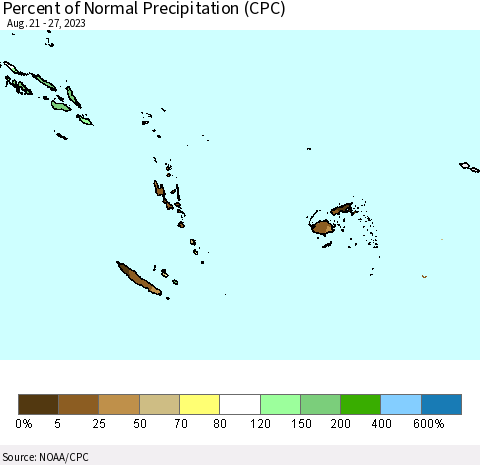 Fiji, Samoa, Solomon Isl. and Vanuatu Percent of Normal Precipitation (CPC) Thematic Map For 8/21/2023 - 8/27/2023