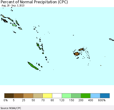 Fiji, Samoa, Solomon Isl. and Vanuatu Percent of Normal Precipitation (CPC) Thematic Map For 8/28/2023 - 9/3/2023