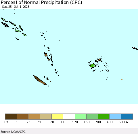 Fiji, Samoa, Solomon Isl. and Vanuatu Percent of Normal Precipitation (CPC) Thematic Map For 9/25/2023 - 10/1/2023