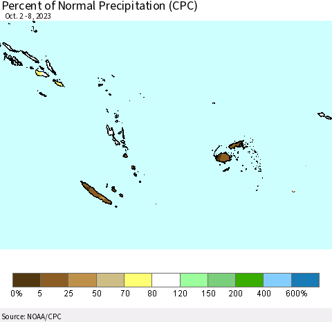 Fiji, Samoa, Solomon Isl. and Vanuatu Percent of Normal Precipitation (CPC) Thematic Map For 10/2/2023 - 10/8/2023