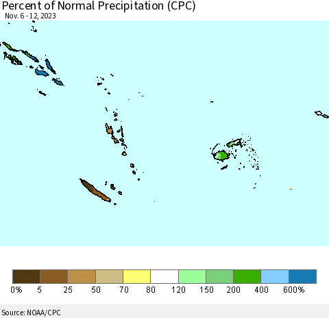 Fiji, Samoa, Solomon Isl. and Vanuatu Percent of Normal Precipitation (CPC) Thematic Map For 11/6/2023 - 11/12/2023