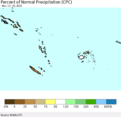 Fiji, Samoa, Solomon Isl. and Vanuatu Percent of Normal Precipitation (CPC) Thematic Map For 11/13/2023 - 11/19/2023
