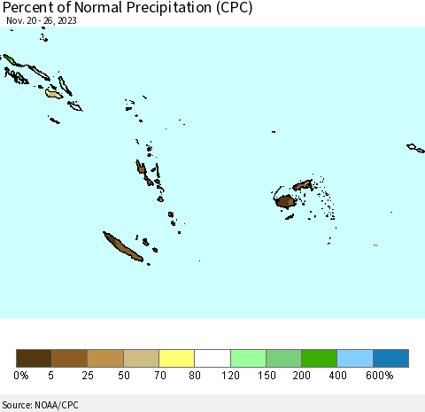 Fiji, Samoa, Solomon Isl. and Vanuatu Percent of Normal Precipitation (CPC) Thematic Map For 11/20/2023 - 11/26/2023