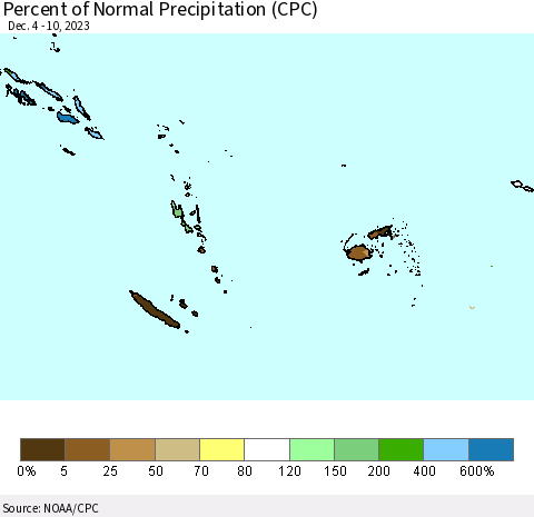 Fiji, Samoa, Solomon Isl. and Vanuatu Percent of Normal Precipitation (CPC) Thematic Map For 12/4/2023 - 12/10/2023