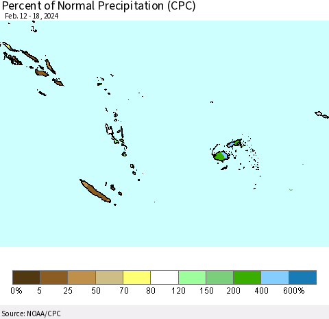 Fiji, Samoa, Solomon Isl. and Vanuatu Percent of Normal Precipitation (CPC) Thematic Map For 2/12/2024 - 2/18/2024