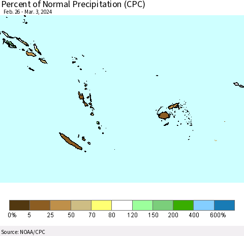 Fiji, Samoa, Solomon Isl. and Vanuatu Percent of Normal Precipitation (CPC) Thematic Map For 2/26/2024 - 3/3/2024