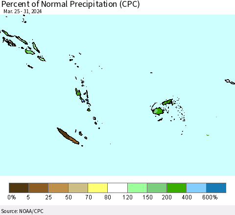 Fiji, Samoa, Solomon Isl. and Vanuatu Percent of Normal Precipitation (CPC) Thematic Map For 3/25/2024 - 3/31/2024