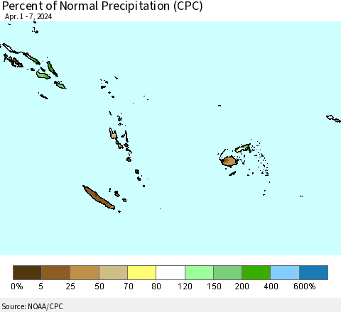 Fiji, Samoa, Solomon Isl. and Vanuatu Percent of Normal Precipitation (CPC) Thematic Map For 4/1/2024 - 4/7/2024