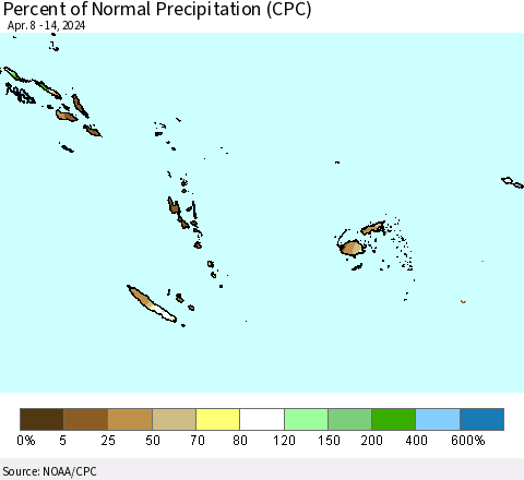 Fiji, Samoa, Solomon Isl. and Vanuatu Percent of Normal Precipitation (CPC) Thematic Map For 4/8/2024 - 4/14/2024