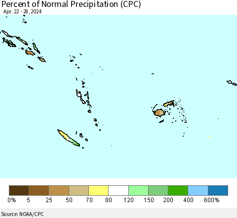 Fiji, Samoa, Solomon Isl. and Vanuatu Percent of Normal Precipitation (CPC) Thematic Map For 4/22/2024 - 4/28/2024