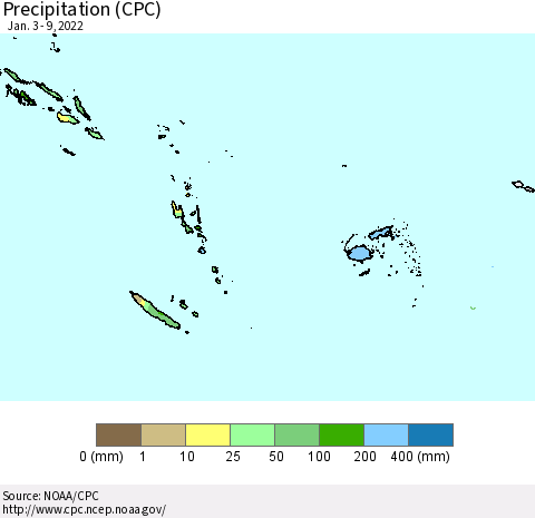 Fiji, Samoa, Solomon Isl. and Vanuatu Precipitation (CPC) Thematic Map For 1/3/2022 - 1/9/2022