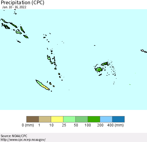 Fiji, Samoa, Solomon Isl. and Vanuatu Precipitation (CPC) Thematic Map For 1/10/2022 - 1/16/2022