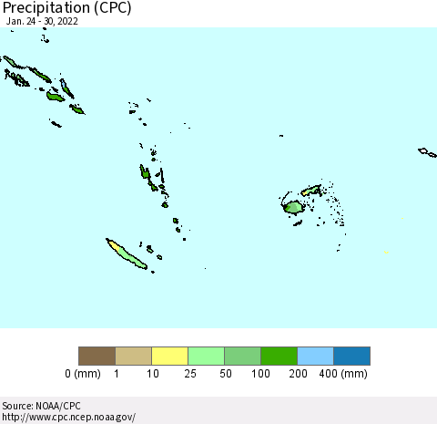 Fiji, Samoa, Solomon Isl. and Vanuatu Precipitation (CPC) Thematic Map For 1/24/2022 - 1/30/2022