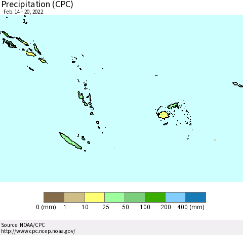 Fiji, Samoa, Solomon Isl. and Vanuatu Precipitation (CPC) Thematic Map For 2/14/2022 - 2/20/2022