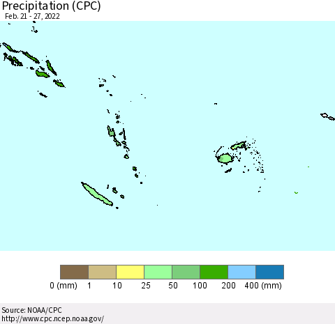 Fiji, Samoa, Solomon Isl. and Vanuatu Precipitation (CPC) Thematic Map For 2/21/2022 - 2/27/2022