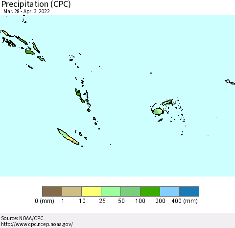Fiji, Samoa, Solomon Isl. and Vanuatu Precipitation (CPC) Thematic Map For 3/28/2022 - 4/3/2022