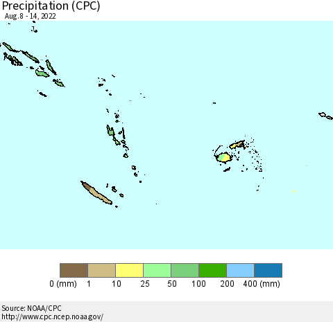 Fiji, Samoa, Solomon Isl. and Vanuatu Precipitation (CPC) Thematic Map For 8/8/2022 - 8/14/2022