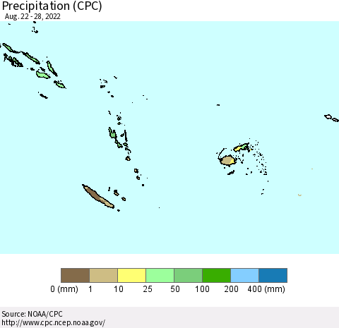 Fiji, Samoa, Solomon Isl. and Vanuatu Precipitation (CPC) Thematic Map For 8/22/2022 - 8/28/2022